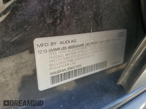 2014 Audi A4 Premium с VIN WAUDFAFL2EN027635, выставлен на аукционе Copart как лот 81969854 с пробегом 125 377 миль миль и Списание • Salvage title. История ставок и продаж доступна на DreamBid. Изображение 14.