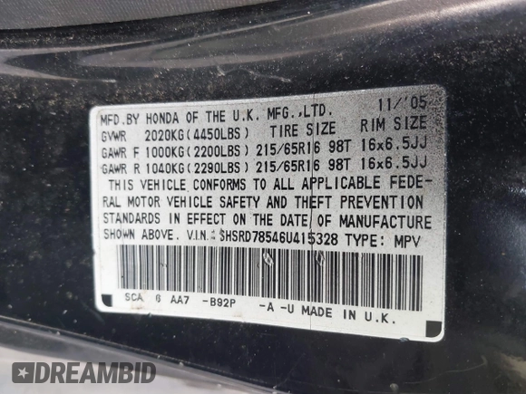2006 Honda CR-V LX with VIN SHSRD78546U415328, listed as a IAAI auction lot 41838369 with Not Provided miles and . Bid and sale history available at carsss.com. Image 9.