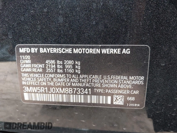 2021 BMW 3 Series 330i z VIN 3MW5R1J0XM8B73341, wystawiony jako IAAI lot #41462711 z przebiegiem Nie podano mil oraz . Historia ofert i sprzedaży dostępna na DreamBid. Obrazek 9.