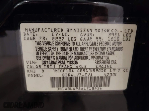 2010 Nissan Sentra S with VIN 3N1AB6AP8AL718836, listed as a IAAI auction lot 42033317 with 118,279 mi miles and . Bid and sale history available at carsss.com. Image 9.