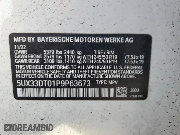 2023 BMW X4 xDrive30i with VIN 5UX33DT01P9P63673, listed as a Copart auction lot 48771645 with 0 mi miles and Salvage Title. Bid and sale history available at carsss.com. Image 15.