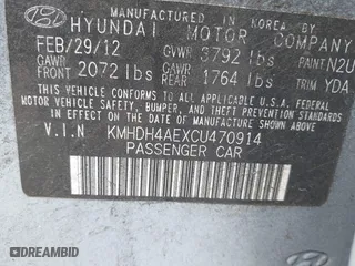 2012 Hyundai Elantra GLS with VIN KMHDH4AEXCU470914, listed as a IAAI auction lot 42016849 with 202,272 mi miles. Bid and sale history available at carsss.com. Image 9.