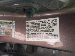 2012 Honda CR-V EX-L with VIN 5J6RM4H78CL017629, listed as a IAAI auction lot 41781636 with 212,279 mi miles. Bid and sale history available at carsss.com. Image 9.