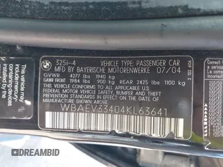 2004 BMW 3 Series 325i with VIN WBAEV33404KL63641, listed as a IAAI auction lot 42546413 with 205,775 mi miles and . Bid and sale history available at DreamBid. Image 9.