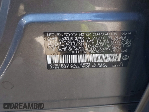 2015 Lexus IS 250 with VIN JTHBF1D27F5076348, listed as a IAAI auction lot 42322715 with 169,582 mi miles and . Bid and sale history available at DreamBid. Image 9.
