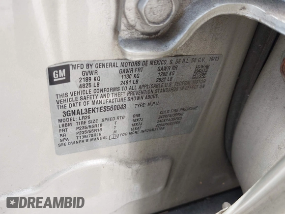 2014 Chevrolet Captiva Sport LT with VIN 3GNAL3EK1ES560043, listed as a IAAI auction lot 42049586 with 149,268 mi miles. Bid and sale history available at carsss.com. Image 9.