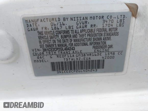 2016 Nissan Note SV with VIN 3N1CE2CP2GL404243, listed as a IAAI auction lot 42047755 with 89,688 mi miles and . Bid and sale history available at DreamBid. Image 9.