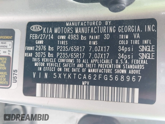 2015 Kia Sorento LX with VIN 5XYKTCA62FG568967, listed as a IAAI auction lot 42689942 with 215,430 mi miles and . Bid and sale history available at DreamBid. Image 9.