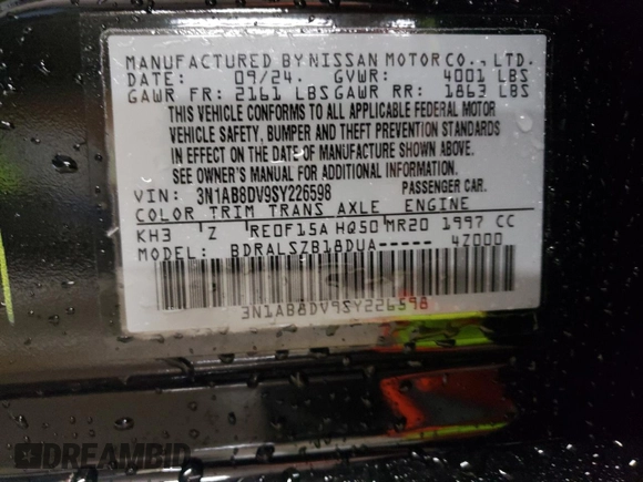 2025 Nissan Sentra SR z VIN 3N1AB8DV9SY226598, wystawiony jako Copart lot #55773475 z przebiegiem 1 030 mil mil oraz Szkoda całkowita • Salvage title. Historia ofert i sprzedaży dostępna na DreamBid. Obrazek 13.