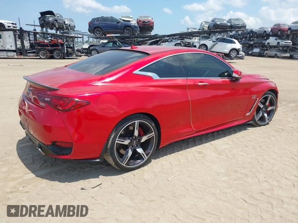 2018 Infiniti Q60 Red Sport 400 with VIN JN1FV7EL9JM630801, listed as a IAAI auction lot 42213699 with 76,759 mi miles and . Bid and sale history available at DreamBid. Image 4.