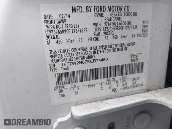 2014 Ford F-250 XL с VIN 1FT7W2B67EEB74460, выставлен на аукционе IAAI как лот 41639141 с пробегом 130 612 миль миль и . История ставок и продаж доступна на DreamBid. Изображение 9.