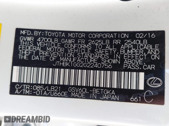 2016 Lexus ES 330 with VIN JTHBK1GG2G2240756, listed as a IAAI auction lot 42206724 with 139,956 mi miles and . Bid and sale history available at DreamBid. Image 9.