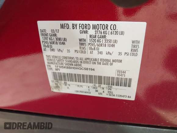 2017 Ford Explorer z VIN 1FM5K8BH0HGC58194, wystawiony jako IAAI lot #42144795 z przebiegiem 134 205 mil mil oraz . Historia ofert i sprzedaży dostępna na DreamBid. Obrazek 9.
