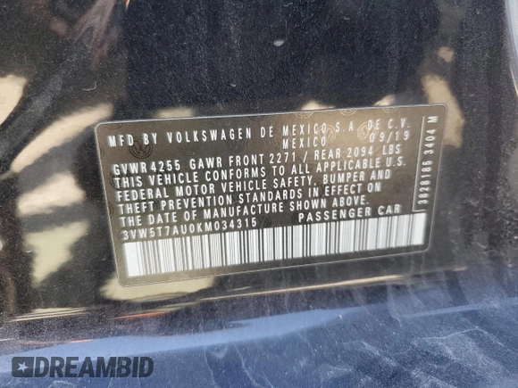 2019 Volkswagen GTI S z VIN 3VW5T7AU0KM034315, wystawiony jako Copart lot #48572395 z przebiegiem 68 839 mil mil oraz Szkoda całkowita • Salvage title. Historia ofert i sprzedaży dostępna na DreamBid. Obrazek 12.