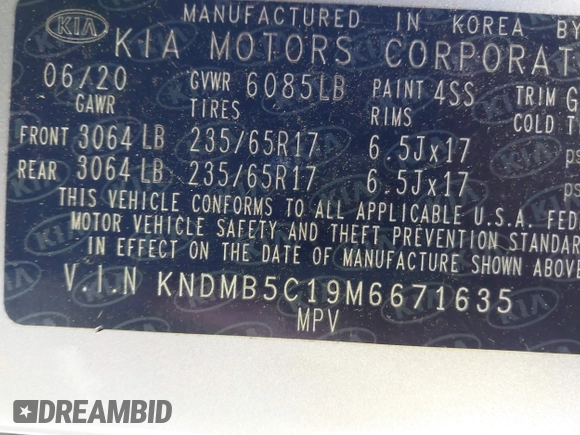 2021 Kia Sedona EX with VIN KNDMB5C19M6671635, listed as a IAAI auction lot 41146597 with 43,070 mi miles. Bid and sale history available at carsss.com. Image 9.