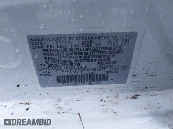 2017 Nissan Note S Plus with VIN 3N1CE2CP5HL367786, listed as a IAAI auction lot 41069332 with 66,281 mi miles and . Bid and sale history available at DreamBid. Image 9.