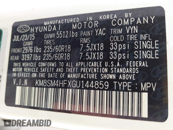 2016 Hyundai Santa Fe SE with VIN KM8SM4HFXGU144859, listed as a IAAI auction lot 42121896 with 90,175 mi miles. Bid and sale history available at carsss.com. Image 9.