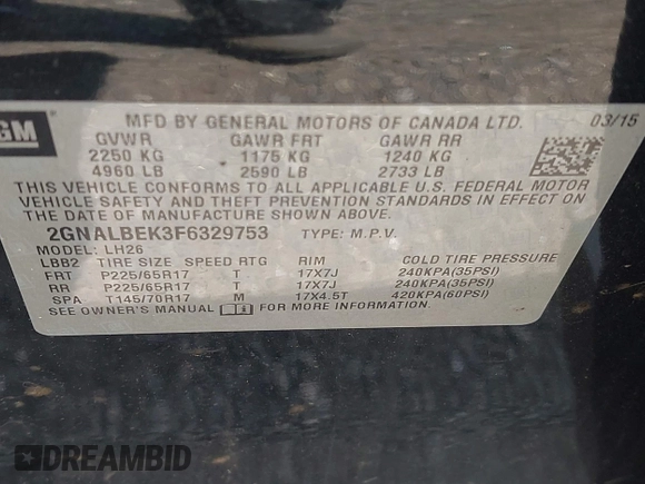 2015 Chevrolet Equinox LT с VIN 2GNALBEK3F6329753, выставлен на аукционе IAAI как лот 42318042 с пробегом 151 891 миль миль и . История ставок и продаж доступна на DreamBid. Изображение 9.