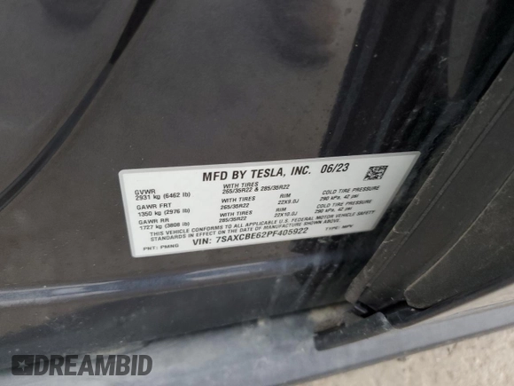 2023 Tesla Model X Plaid with VIN 7SAXCBE62PF405922, listed as a Copart auction lot 53826915 with 1,358 mi miles and Salvage Title. Bid and sale history available at DreamBid. Image 13.