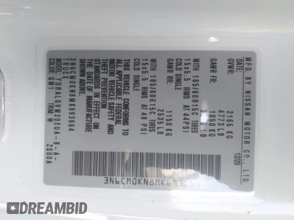 2021 Nissan NV200 SV с VIN 3N6CM0KN8MK693664, выставлен на аукционе IAAI как лот 42204821 с пробегом 41 204 миль миль и . История ставок и продаж доступна на DreamBid. Изображение 9.