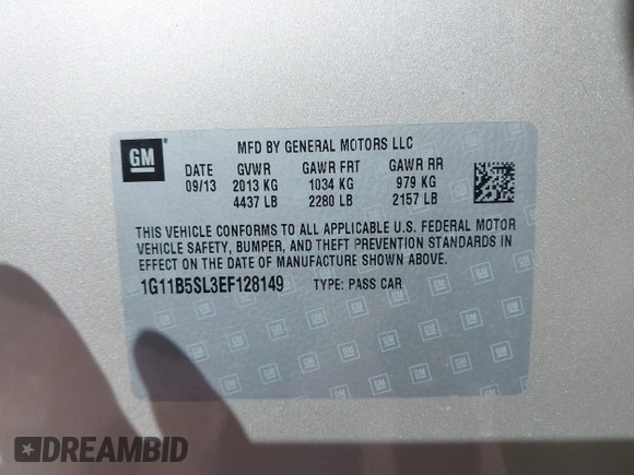 2014 Chevrolet Malibu LS with VIN 1G11B5SL3EF128149, listed as a IAAI auction lot 42117946 with 20,910 mi miles and . Bid and sale history available at DreamBid. Image 9.