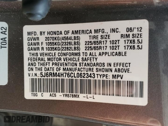 2012 Honda CR-V EX-L z VIN 5J6RM4H76CL062343, wystawiony jako Copart lot #43614745 z przebiegiem Nie podano mil oraz Szkoda całkowita • Salvage title. Historia ofert i sprzedaży dostępna na DreamBid. Obrazek 13.