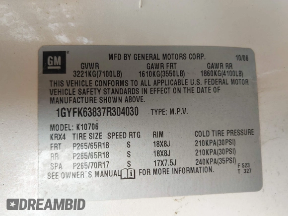 2007 Cadillac Escalade z VIN 1GYFK63837R304030, wystawiony jako IAAI lot #42198618 z przebiegiem 202 093 mil mil oraz . Historia ofert i sprzedaży dostępna na DreamBid. Obrazek 9.