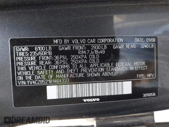 2008 Volvo XC90 V8 with VIN YV4CZ852181464333, listed as a IAAI auction lot 41983609 with 193,377 mi miles. Bid and sale history available at carsss.com. Image 9.