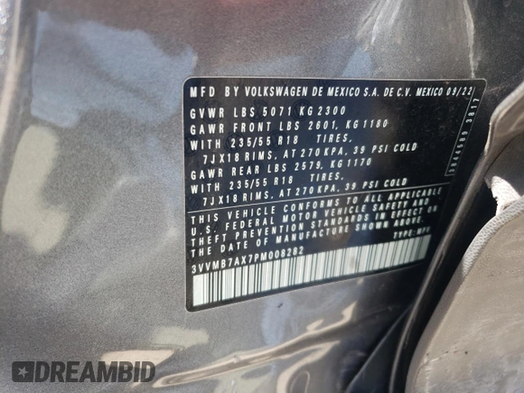 2023 Volkswagen Tiguan SE с VIN 3VVMB7AX7PM008282, выставлен на аукционе Copart как лот 55639525 с пробегом 32 490 миль миль и Списание • Salvage title. История ставок и продаж доступна на DreamBid. Изображение 12.