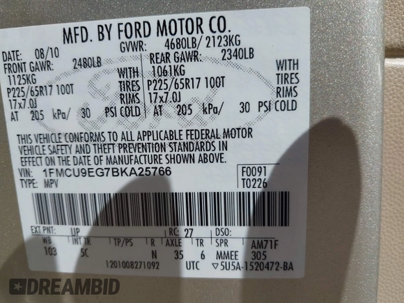 2011 Ford Escape Limited with VIN 1FMCU9EG7BKA25766, listed as a IAAI auction lot 41810992 with 74,226 mi miles. Bid and sale history available at carsss.com. Image 9.