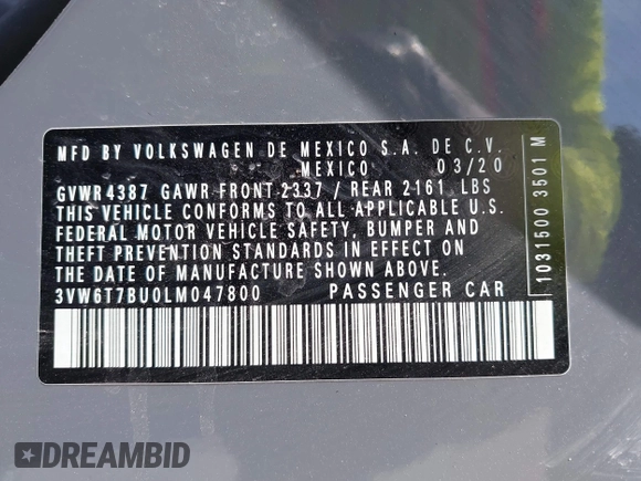 2020 Volkswagen Jetta GLI S z VIN 3VW6T7BU0LM047800, wystawiony jako IAAI lot #42263748 z przebiegiem 58 903 mil mil oraz . Historia ofert i sprzedaży dostępna na DreamBid. Obrazek 9.