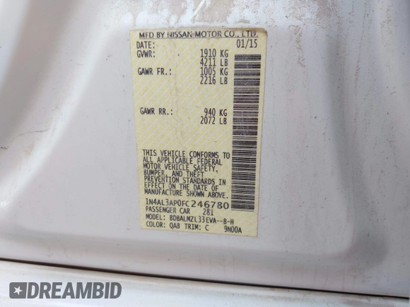 2015 Nissan Altima 2.5 S with VIN 1N4AL3AP0FC246780, listed as a IAAI auction lot 42207239 with 228,572 mi miles. Bid and sale history available at carsss.com. Image 9.
