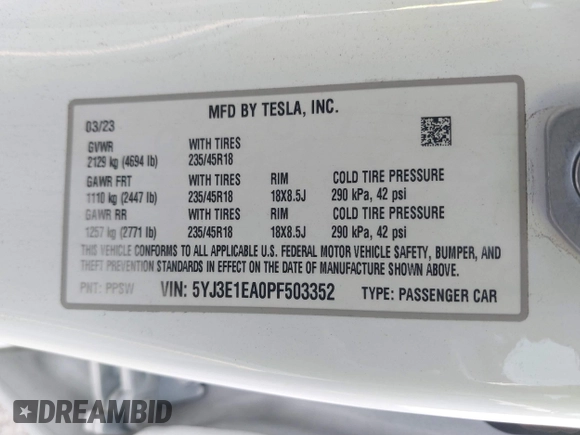 2023 Tesla Model 3 with VIN 5YJ3E1EA0PF503352, listed as a IAAI auction lot 41718658 with 28,426 mi miles and . Bid and sale history available at DreamBid. Image 9.