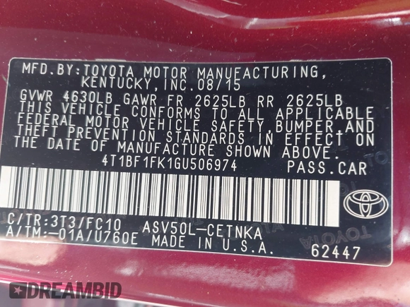 2016 Toyota Camry XLE with VIN 4T1BF1FK1GU506974, listed as a IAAI auction lot 41991611 with 102,451 mi miles and . Bid and sale history available at DreamBid. Image 9.