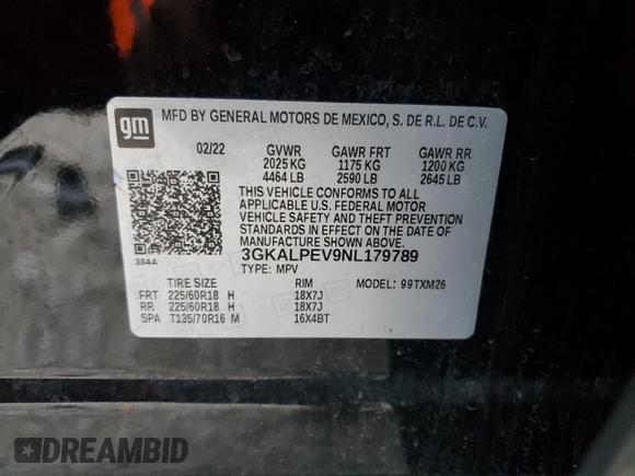 2022 GMC Terrain SLT with VIN 3GKALPEV9NL179789, listed as a Copart auction lot 89206215 with Not provided miles and Salvage title. Bid and sale history available at DreamBid. Image 14.