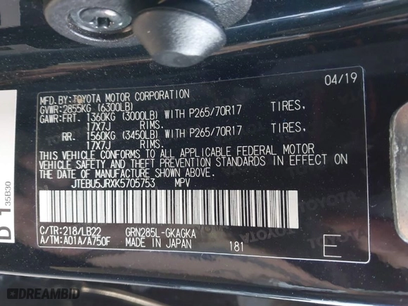 2019 Toyota 4Runner SR5 with VIN JTEBU5JRXK5705753, listed as a IAAI auction lot 41209336 with 31,431 mi miles. Bid and sale history available at carsss.com. Image 9.