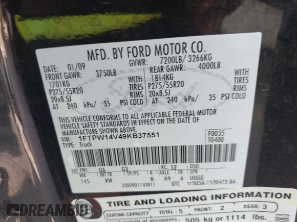 2009 Ford F-150 XL with VIN 1FTPW14V49KB37551, listed as a IAAI auction lot 42613336 with 248,950 mi miles and . Bid and sale history available at DreamBid. Image 9.