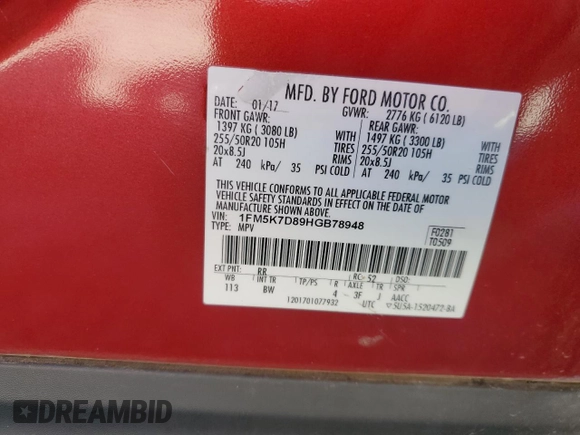 2017 Ford Explorer XLT with VIN 1FM5K7D89HGB78948, listed as a Copart auction lot 55682495 with 145,246 mi miles and Clean Title. Bid and sale history available at DreamBid. Image 13.
