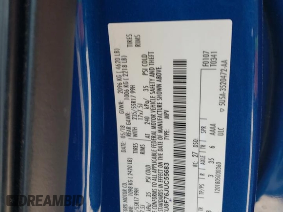 2018 Ford Escape S z VIN 1FMCU0F76JUC55683, wystawiony jako Copart lot #57614815 z przebiegiem 70 557 mil mil oraz Szkoda całkowita • Salvage title. Historia ofert i sprzedaży dostępna na DreamBid. Obrazek 12.