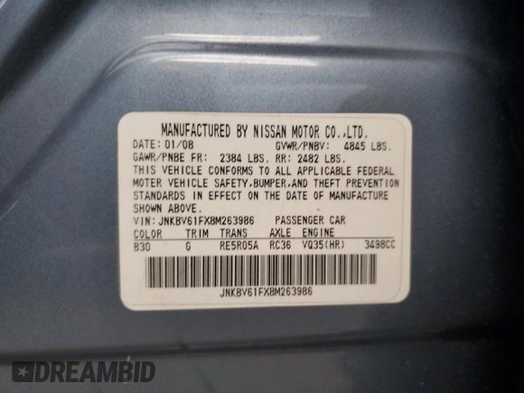 2008 Infiniti G35 x with VIN JNKBV61FX8M263986, listed as a Copart auction lot 48360625 with Not Provided miles and Non Repairable. Bid and sale history available at DreamBid. Image 12.