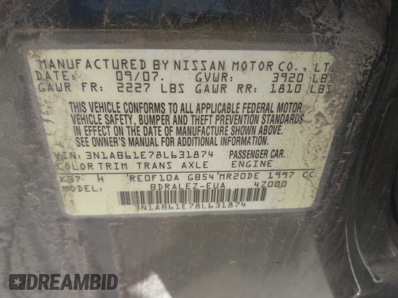 2008 Nissan Sentra 2.0 с VIN 3N1AB61E78L631874, выставлен на аукционе IAAI как лот 42572380 с пробегом 176 462 миль миль и . История ставок и продаж доступна на DreamBid. Изображение 9.