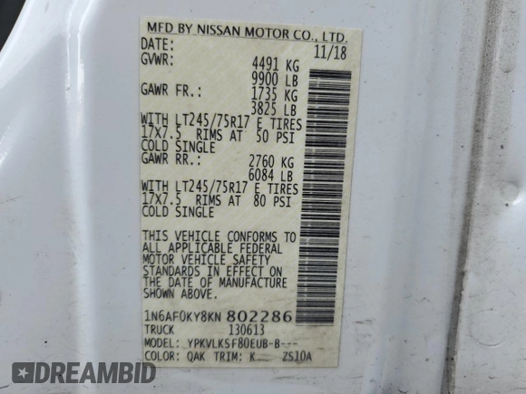 2018 Nissan NV SV z VIN 1N6AF0KY8KN802286, wystawiony jako Copart lot #65034264 z przebiegiem Nie podano mil oraz Szkoda całkowita • Salvage title. Historia ofert i sprzedaży dostępna na DreamBid. Obrazek 13.