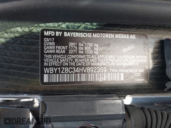 2017 BMW i3 with VIN WBY1Z8C34HV892359, listed as a IAAI auction lot 42624106 with 74,238 mi miles and . Bid and sale history available at DreamBid. Image 9.