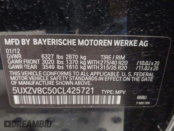 2012 BMW X5 50i with VIN 5UXZV8C50CL425721, listed as a IAAI auction lot 42590676 with 192,355 mi miles and . Bid and sale history available at DreamBid. Image 9.