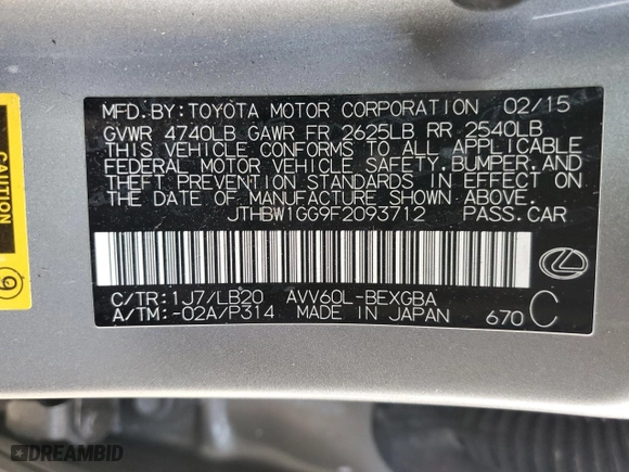 2015 Lexus ES 300h Hybrid with VIN JTHBW1GG9F2093712, listed as a Copart auction lot 38502273 with 77,527 mi miles. Bid and sale history available at carsss.com. Image 12.