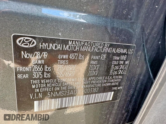 2020 Hyundai Santa Fe SE with VIN 5NMS23AD1LH203182, listed as a Copart auction lot 65295655 with 186,864 mi miles and Clean title. Bid and sale history available at DreamBid. Image 10.