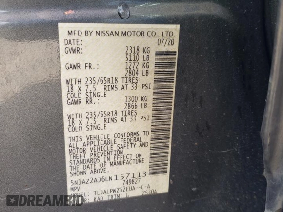 2020 Nissan Murano S with VIN 5N1AZ2AJ6LN157113, listed as a Copart auction lot 41660225 with 67,006 mi miles and Salvage Title. Bid and sale history available at DreamBid. Image 13.