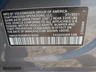 2021 Volkswagen Passat 2.0T SE with VIN 1VWSA7A30MC016434, listed as a IAAI auction lot 41418589 with 64,001 mi miles. Bid and sale history available at carsss.com. Image 9.