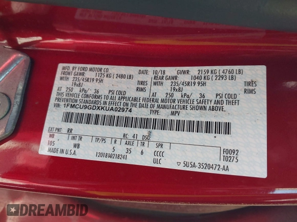 2019 Ford Escape SE z VIN 1FMCU9GDXKUA02974, wystawiony jako IAAI lot #41418960 z przebiegiem Nie podano mil oraz . Historia ofert i sprzedaży dostępna na DreamBid. Obrazek 9.
