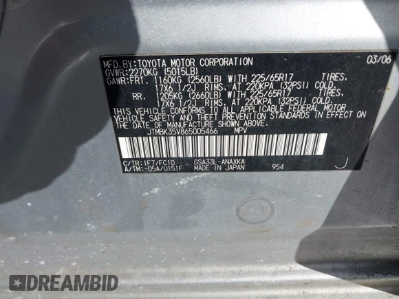 2006 Toyota RAV4 with VIN JTMBK35V865005466, listed as a IAAI auction lot 41481321 with 133,147 mi miles. Bid and sale history available at carsss.com. Image 9.